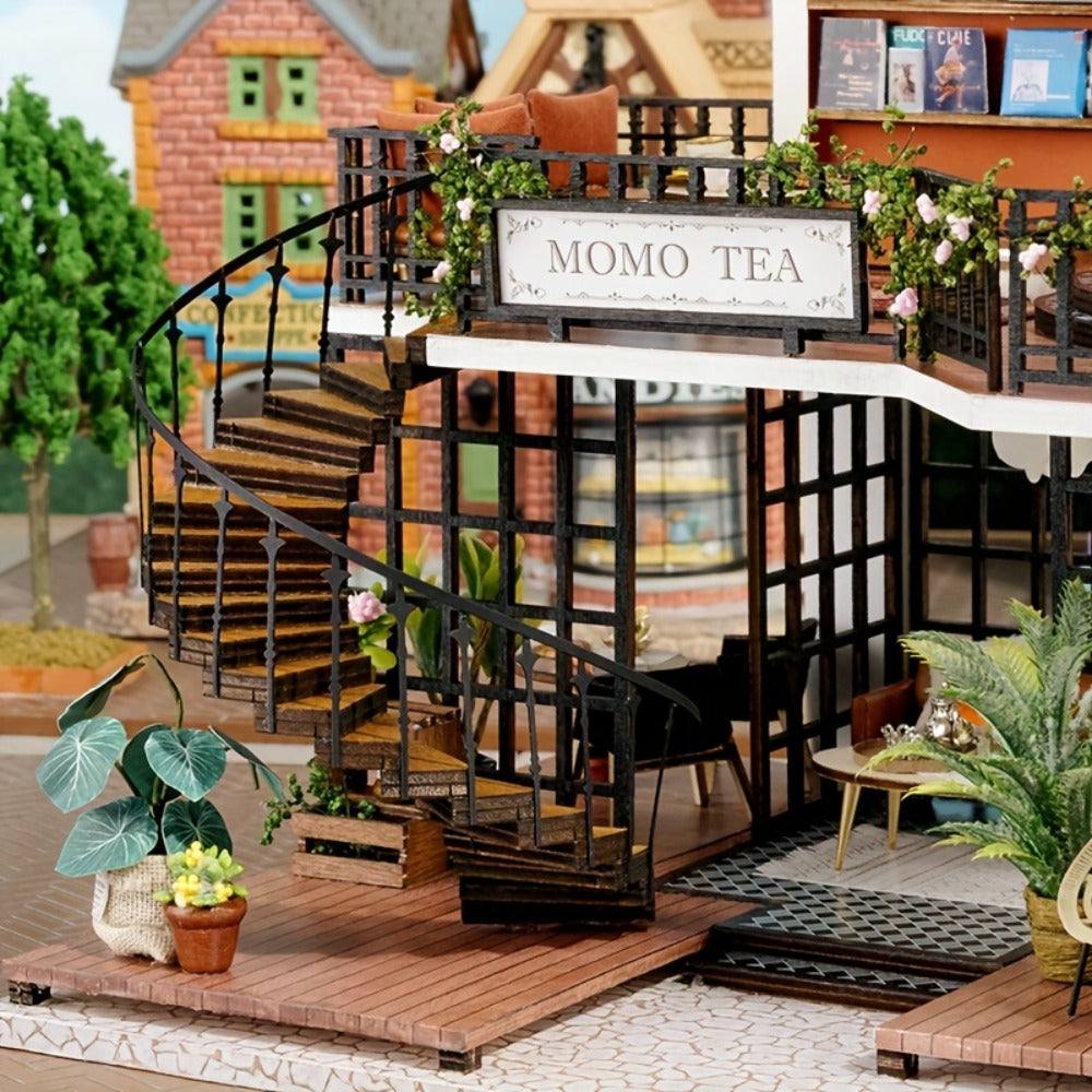 3D Wooden Miniature House Puzzle Model Kit Jungle Momo Tea – Handmade Retro DIY Craft No Glue No Battery Scene Building for Adults Teens Birthday Christmas Valentine Gift for Her