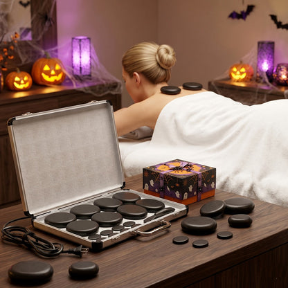 18-Piece Basalt Hot Stone Massage Set with Warmer — 4 Sizes for Full Body Deep Relaxation, Professional Therapist & Home Spa Stone Therapy Kit, Temperature Control Heater