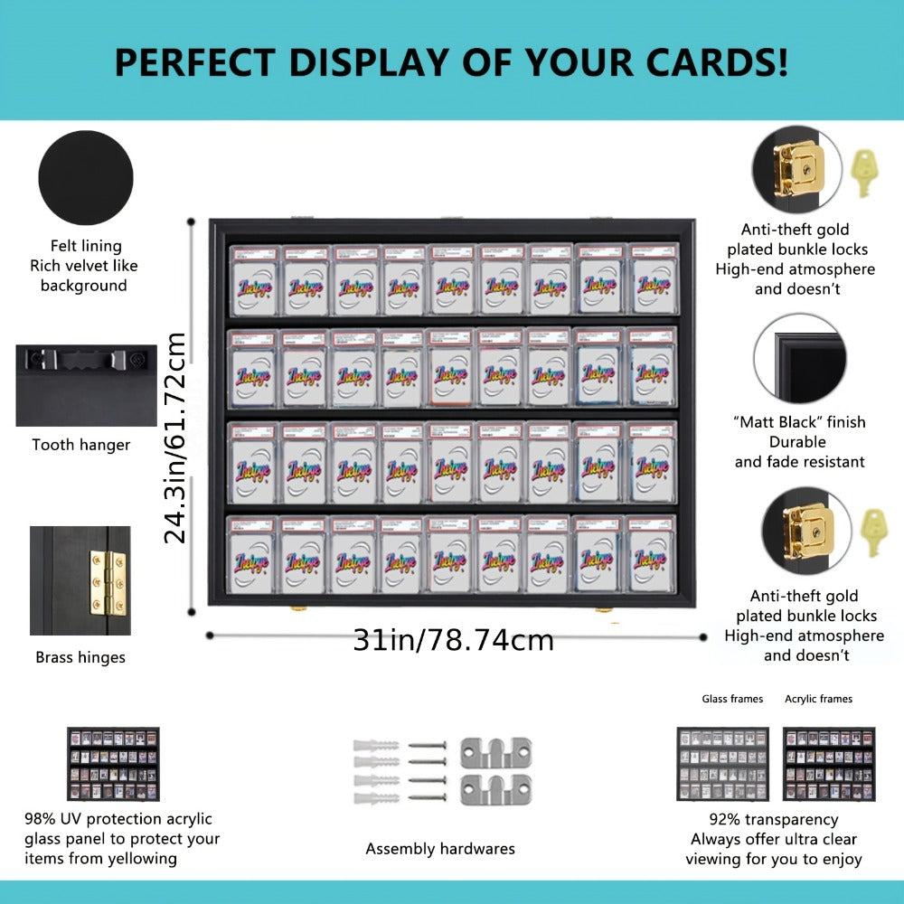 Sports Card Display Case 36 Slots Lockable Wall Frame – UV Protection Acrylic | Baseball Basketball Football Hockey Trading Cards | Black Cabinet Collector Gift
