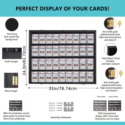 Sports Card Display Case 36 Slots Lockable Wall Frame – UV Protection Acrylic | Baseball Basketball Football Hockey Trading Cards | Black Cabinet Collector Gift