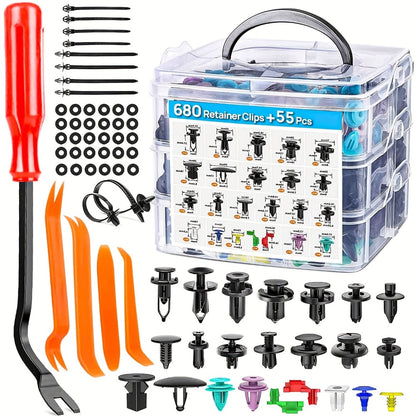 Car Body Clips Fasteners Assortment Kit 735/740pcs - 23 Sizes Nylon Bumper Fender Rivets with Zip Ties & Fastener Remover Tool