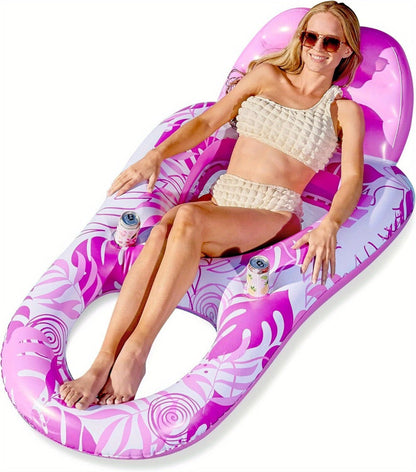 Recliner Pool Float Lounger for Adults – Inflatable Zero-Gravity Floating Chair with Cup Holders, Mesh Seat & Foot Rest, Pink Tropical Leaf Design, Summer Pool Party Water Toy