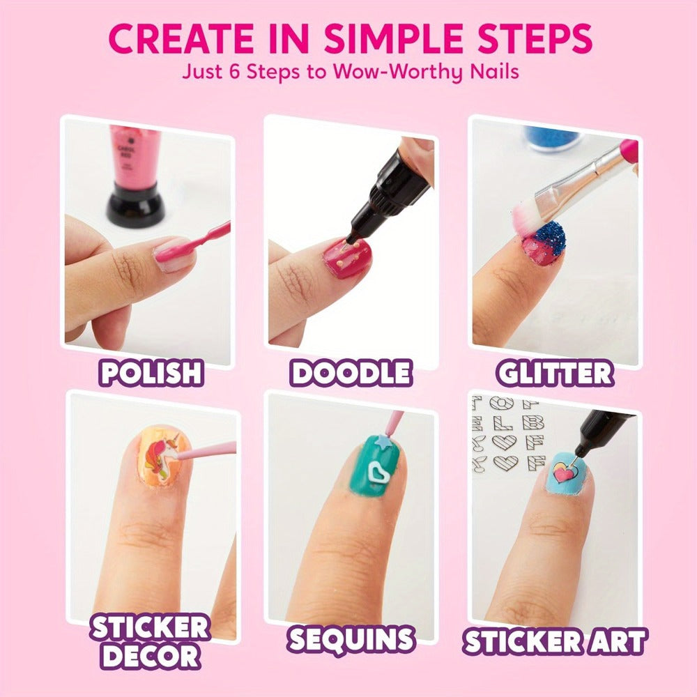 Kids Nail Art Kit for Girls – Non-Toxic Nail Polish Set with Glitter Stickers & Sequins 220+ Designs – Complete Children Nail Studio Creative Gift for Ages 7+ Birthday Christmas Sleepover Spa Party