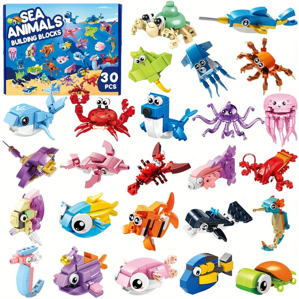 Ocean Mini Building Blocks 30-Pack Party Favors for Kids – Marine-Themed Mini Brick Sets for Birthday Goodie Bags, Classroom Prizes, Stocking Stuffers & Holiday Gifts for Boys & Girls