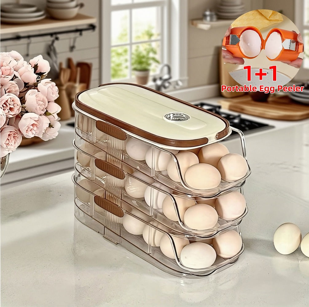 Egg Organizer for Refrigerator, Multi-Layer Auto-Rolling Egg Rack with Large Capacity – Space-Saving Egg Storage Dispenser for Fridge, Cabinet & Countertop, Ideal for Busy Families