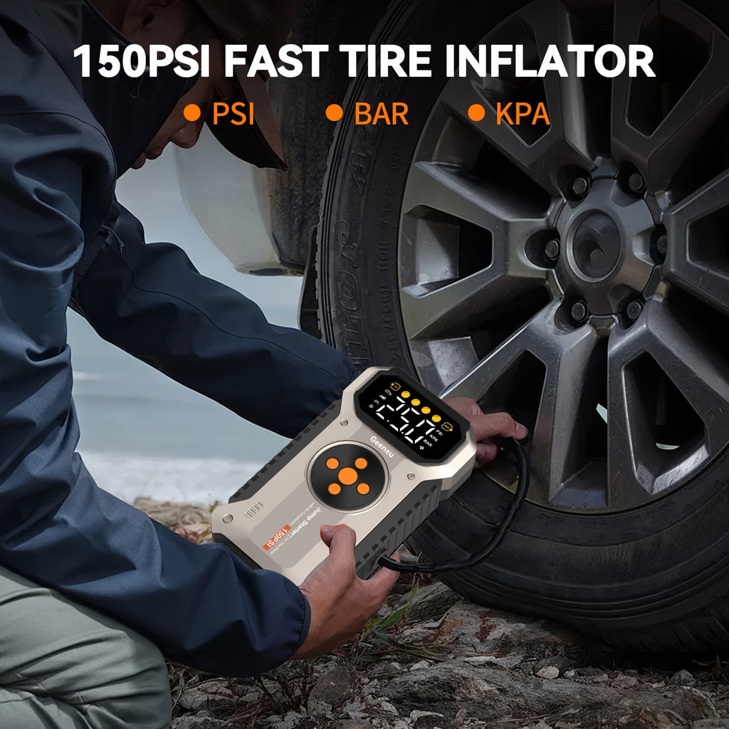 4000A Peak Car Jump Starter with Air Compressor, All-in-One Portable Battery Jump Starter & Tire Inflator, Suitable for 2.38 Gal Gas/ 1.98 Gal Diesel Engines, Car Battery Charger with LED Light & USB Power Bank Function, Car Jump Starter