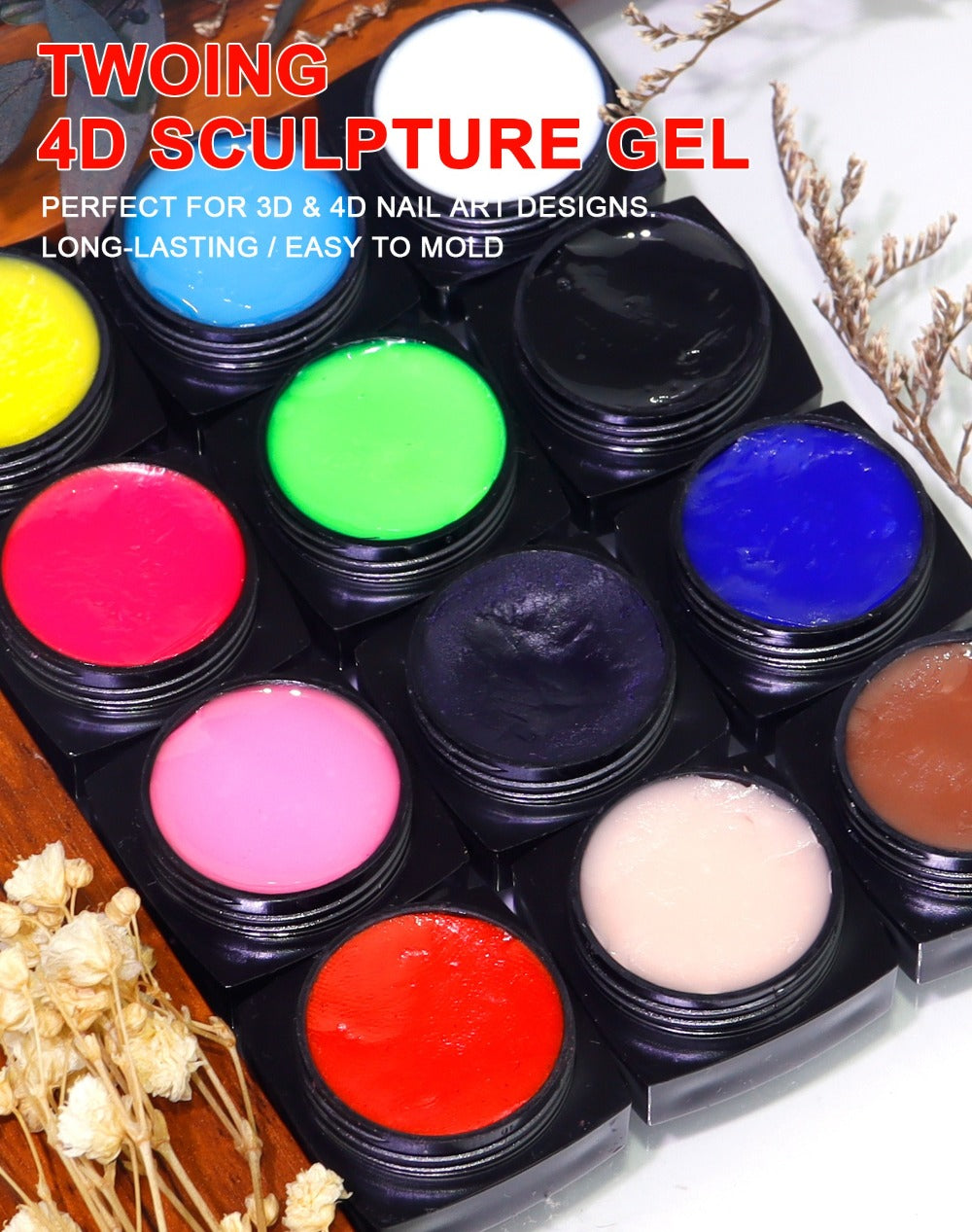 Nail Sculpting Gel Kit 3D 4D 12 Colors with Carving Pen — Firm Non-Sticky Soak-Off Sculpture Gel for Flowers, Leaves, Geometric Designs & Nail Extensions | UV LED DIY & Salon Nail Art for Women