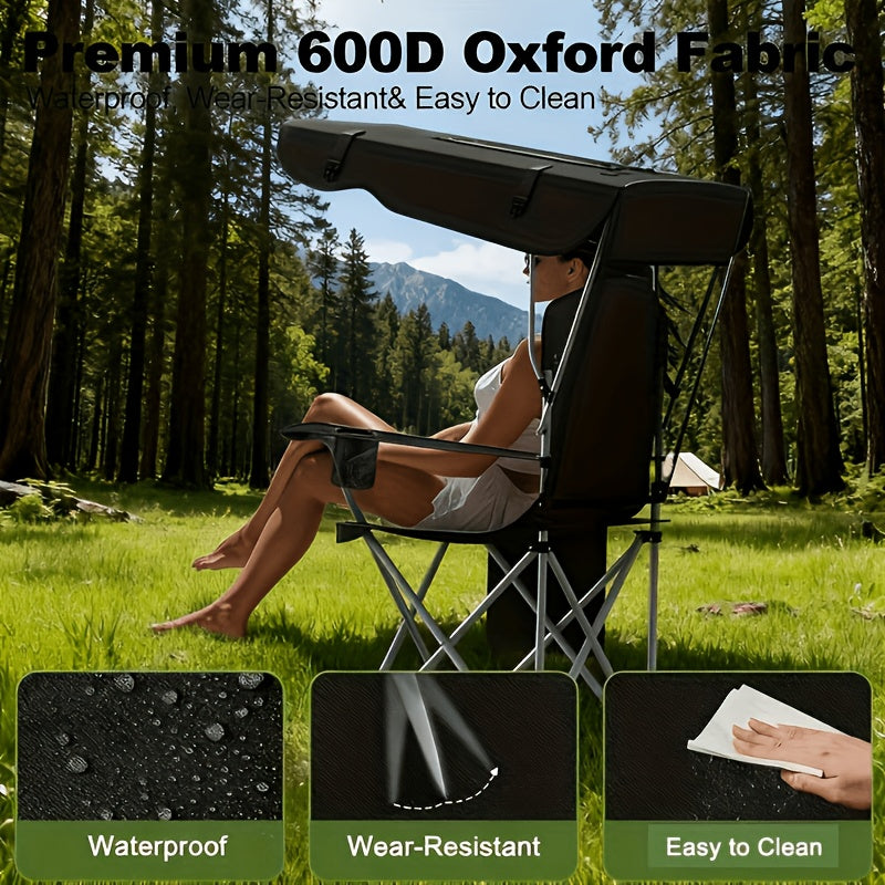 Portable Folding Camping Chair with Canopy Sun Shade 600D Oxford Fabric Outdoor Chair for Camping Beach Picnic Fishing Sports Lightweight Foldable Seat