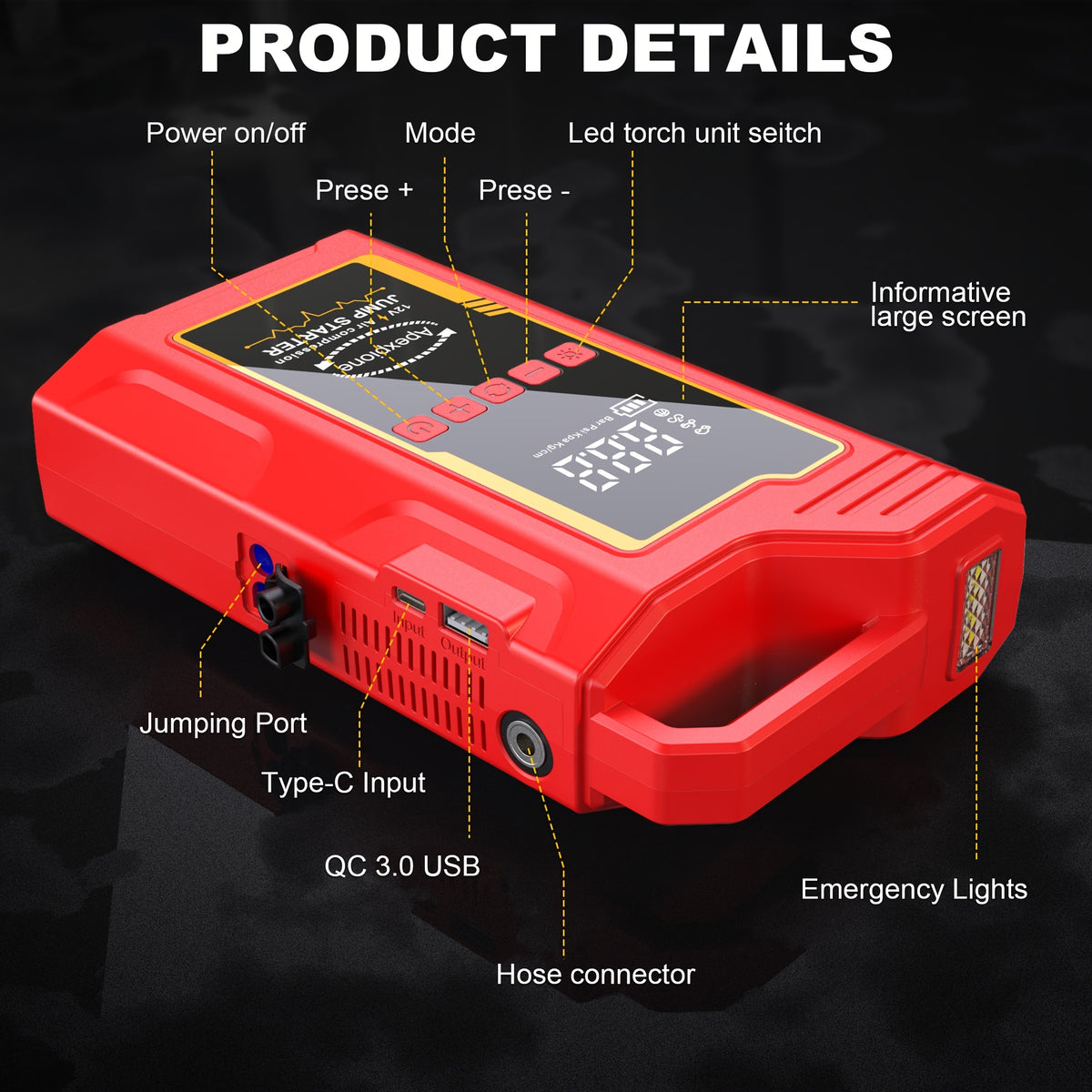 10000A-18000A High-current Car Starter with Air Compressor, 366PSI Inflator, for 12V (ALL Gas/ALL Diesel). Smart Cables, Protections, Fast USB, LED Light, Storage Bag. Hurricane Emergency Lighting, Auto Tool.Nice Gift