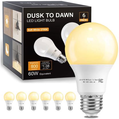 Dusk to Dawn Light Bulb A19 9W 800 Lumens 60W Equivalent with Auto On Off Photocell Sensor – E26 Base Soft White 2700K & Daylight 5000K 80+ CRI Indoor Outdoor Porch Security Lighting, 6 Pack
