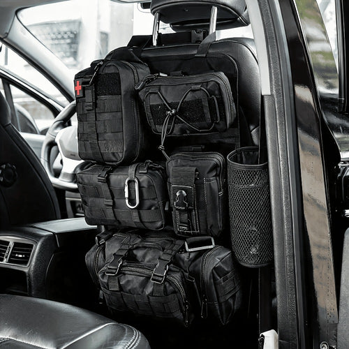 Tactical Car Seat Organizer – MOLLE Nylon Seat Back Storage Bag with 5 Pockets, Front & Rear Seat Protector for Jeep, Truck, SUV | Car Interior Accessories for Men & Women