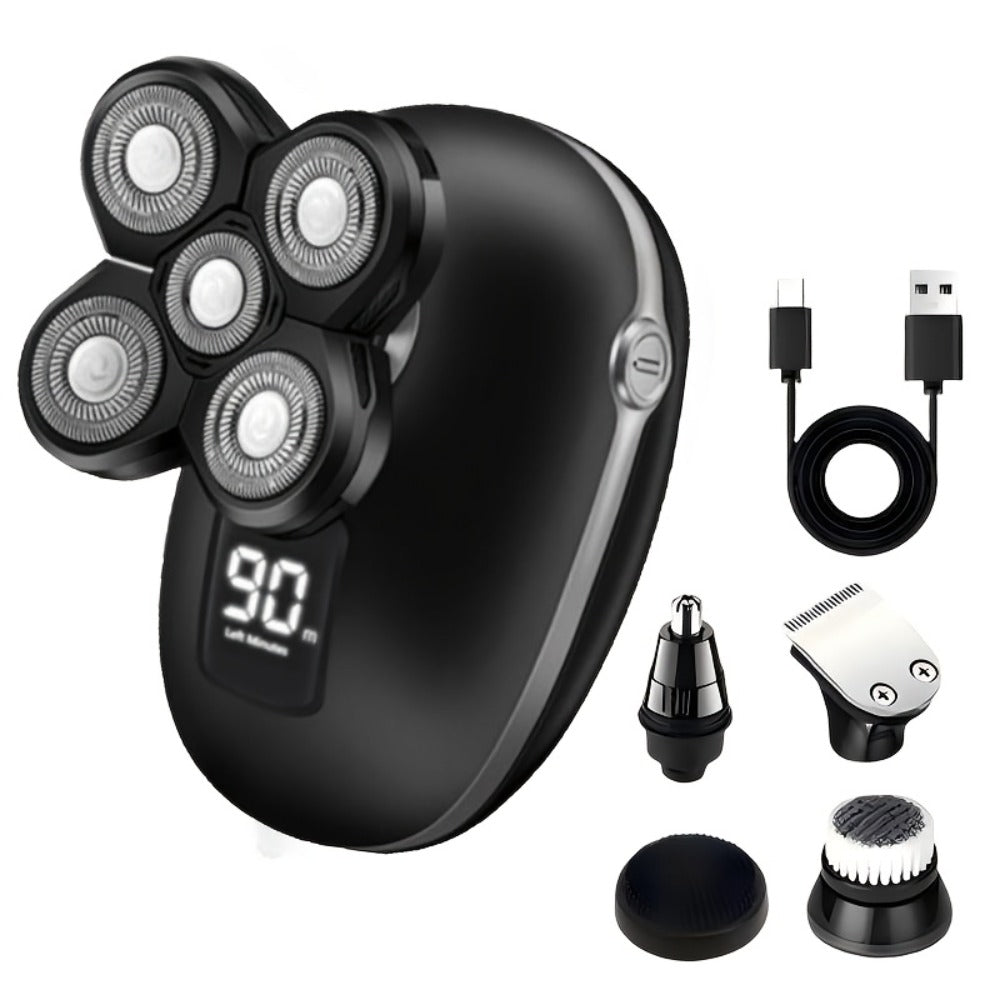 5-in-1 Electric Shaver for Men and Women IPX6 Waterproof — USB Rechargeable Body Hair Trimmer Grooming Kit with Interchangeable Heads for Bald Head, Hair, Nose, Sideburn & Facial Cleansing (Pink/Blue/Black)