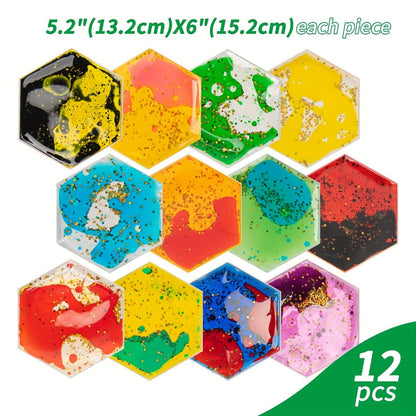 Liquid Tiles Vinyl Flexible Wall Stickers 12-Pack – Geometric Sensory Tiles for Wall & Floor Decor, Stress Relief Fidget Tiles, Square & Hexagon Shapes, 5.9 x 5.9 Inches Each