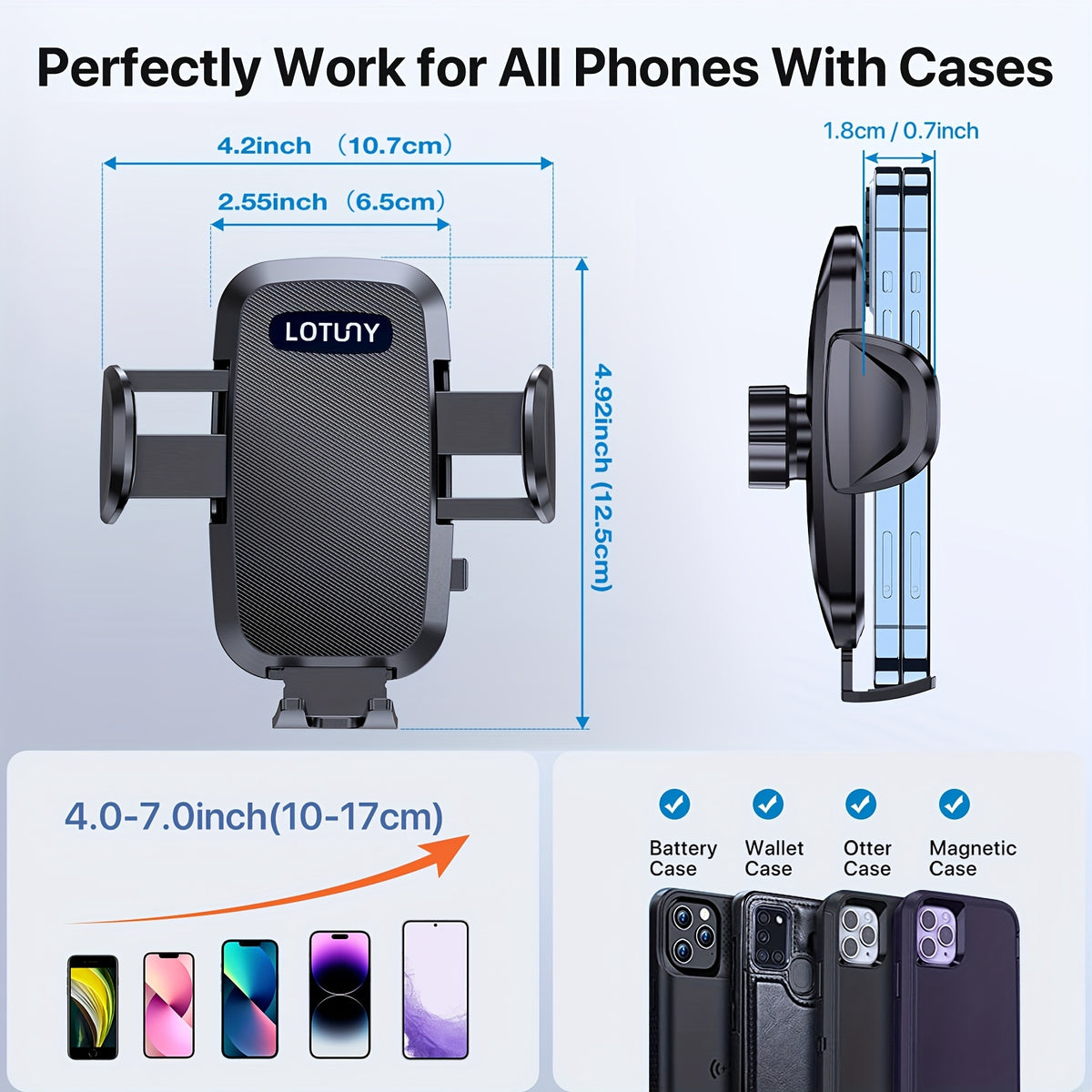 LOTUNY Car Phone Holder, Universal Hands-Free Phone Holders for Your Car, 3-In-1 Phone Mount for Car Air Vent Compatible with Iphone Samsung Google And All 4" to 7.2" Phones