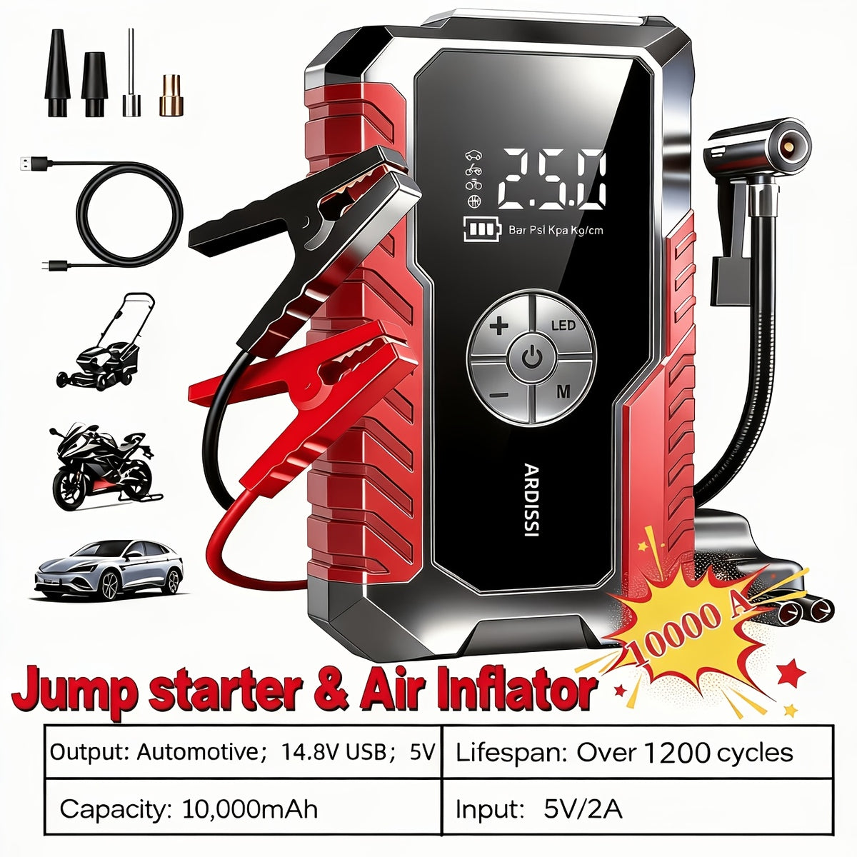 10000A 7-In-1 Multifunctional Emergency Jump Starter with 150PSI Air Pump, Digital Tire Inflator, Portable Car Battery Charger, Up to 2.64gal Gas/2.38gal Diesel, LED Emergency Light & USB Charging, Car Emergency Tool. Suitable As a Holiday Gift