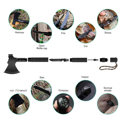 Multi-Tool Survival Hatchet with Hammer, Flint Fire Starter & Protective Sheath – Durable All-Purpose Axe for Camping, Hiking, Fishing, Gardening, Home Improvement & Vehicle Emergency Preparedness