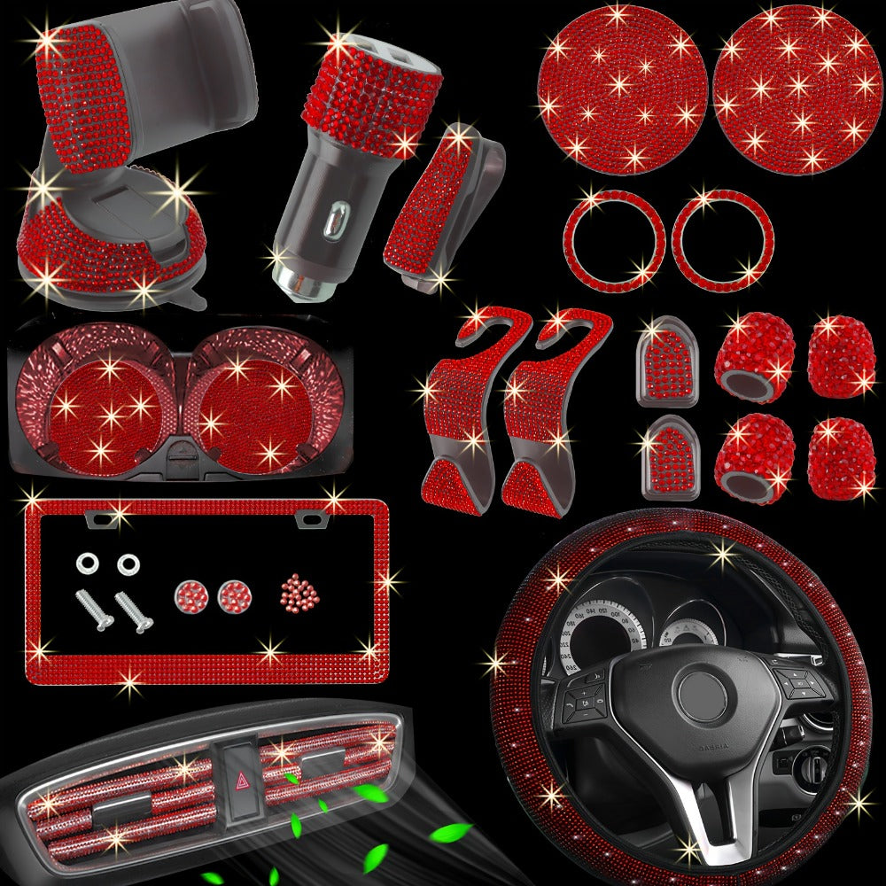 Bling Car Accessories Set 27pcs - Glitter Steering Wheel Cover 15 Inch, Bling License Plate Frame, Phone Holder & Car Coasters for Women & Men