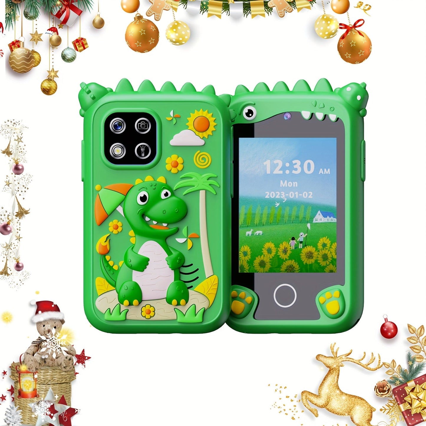 Kids Smart Phone Toy with Touchscreen HD Dual Camera & 8GB SD Card – Dinosaur Children's Cell Phone for Boys & Girls Ages 3+ Travel Toy Birthday Christmas Easter Gift Green Purple