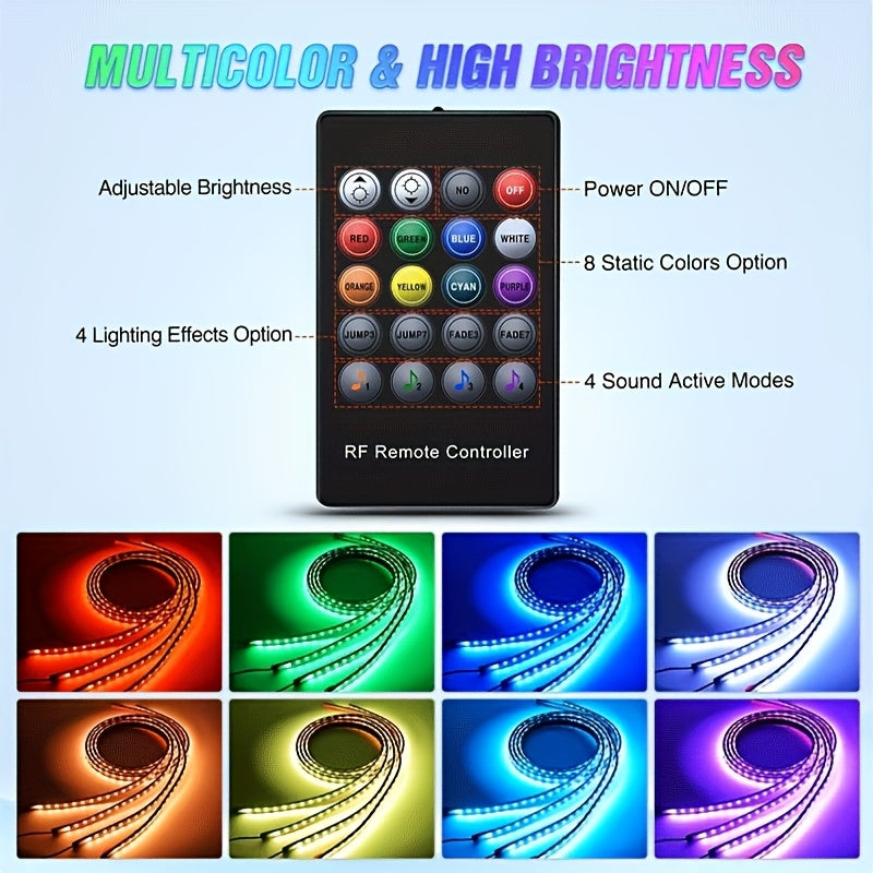 4-Car RGB 8-Color Sound Music Feature And Wireless Remote Control Underbody Light Bar for Car SUV Truck Application Control Music Mode Car Underlight Bar, Underglow LED Light Kit, Without Battery