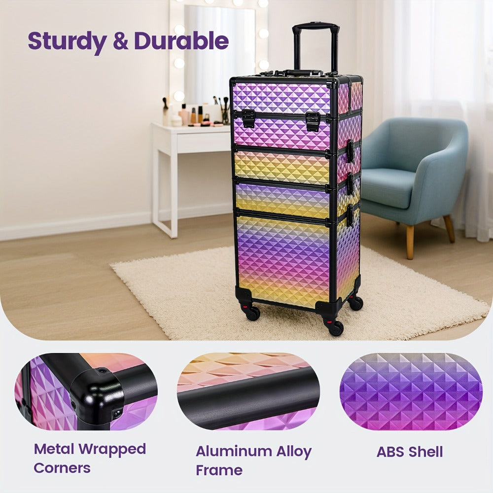 Rolling Makeup Train Case 4-in-1 Large Portable Cosmetic Trolley with 360 Degree Swivel Wheels Beauty Sponge Included Professional Salon Travel Organizer Gradient Purple Rose Gold