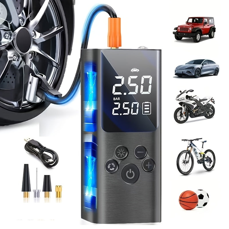 Portable Cordless Tire Inflator with Digital Gauge & LED Light – USB Rechargeable Fast Air Compressor for Car, Bike, Motorcycle & Sports Equipment, Emergency Tire Pump with Auto Shutoff
