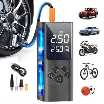 Portable Cordless Tire Inflator with Digital Gauge & LED Light – USB Rechargeable Fast Air Compressor for Car, Bike, Motorcycle & Sports Equipment, Emergency Tire Pump with Auto Shutoff