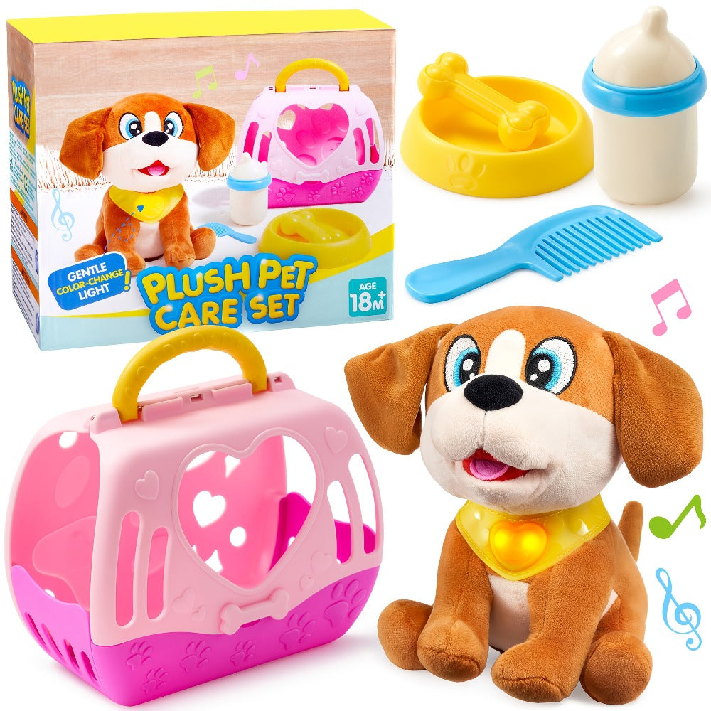Interactive Plush Dog Toy for Toddlers with Carrier Set Music Lights Sounds Soft Breathing Glow Puppy Pet Toy with Accessories Birthday Gift for Girls 18 Months 2 3 Year Old