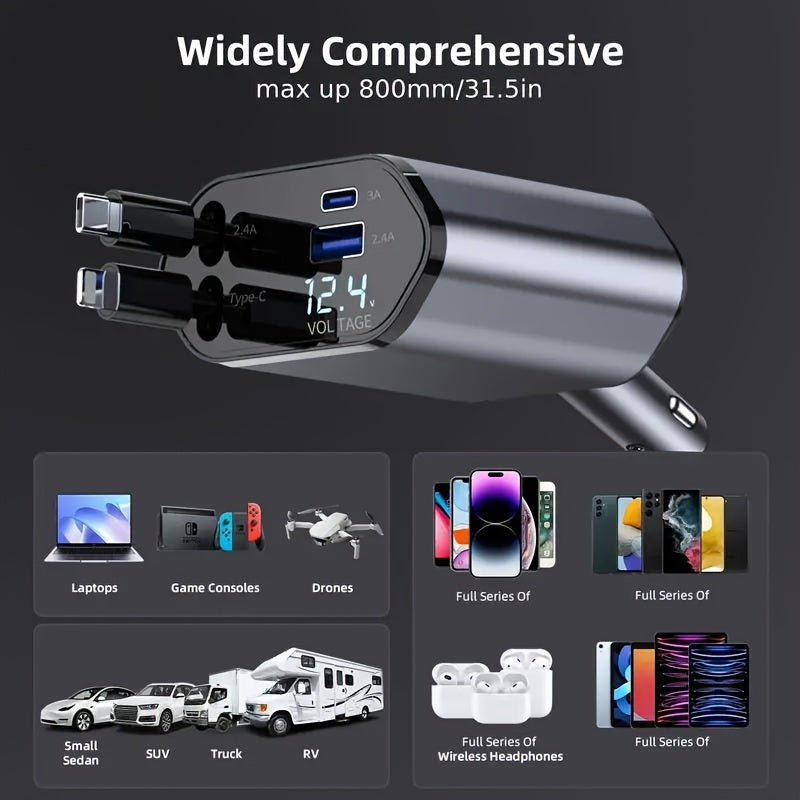 Retractable Car Charger 4in 1 Fast Car Phone Charger, Type C/IOS Car Charger Adapter with 2X Retractable Phone Charger Cables And 2X USB Ports for iPhone 15/14/13/12 Max, Samsung S24/S23, Google Smartphon