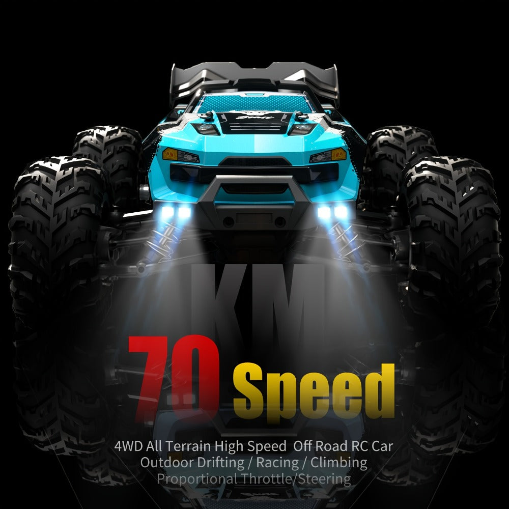 High Speed RC Car 1:16 Scale 4WD 70KM/H Off-Road Drift Racing Vehicle with RC390 Motor, 2.4GHz Remote Control, LED Lights, Head-Up Wheelie, 2 Batteries – All-Terrain Kids & Adult Gift