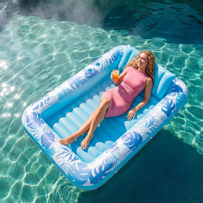 Inflatable Tanning Pool Float 4-in-1 Suntan Tub Raft for Adults – Large 70"x46" Sunbathing Lounger with Pillow, Ball Pit & Pool Party Lounge, Blue Floating Relaxation Bed