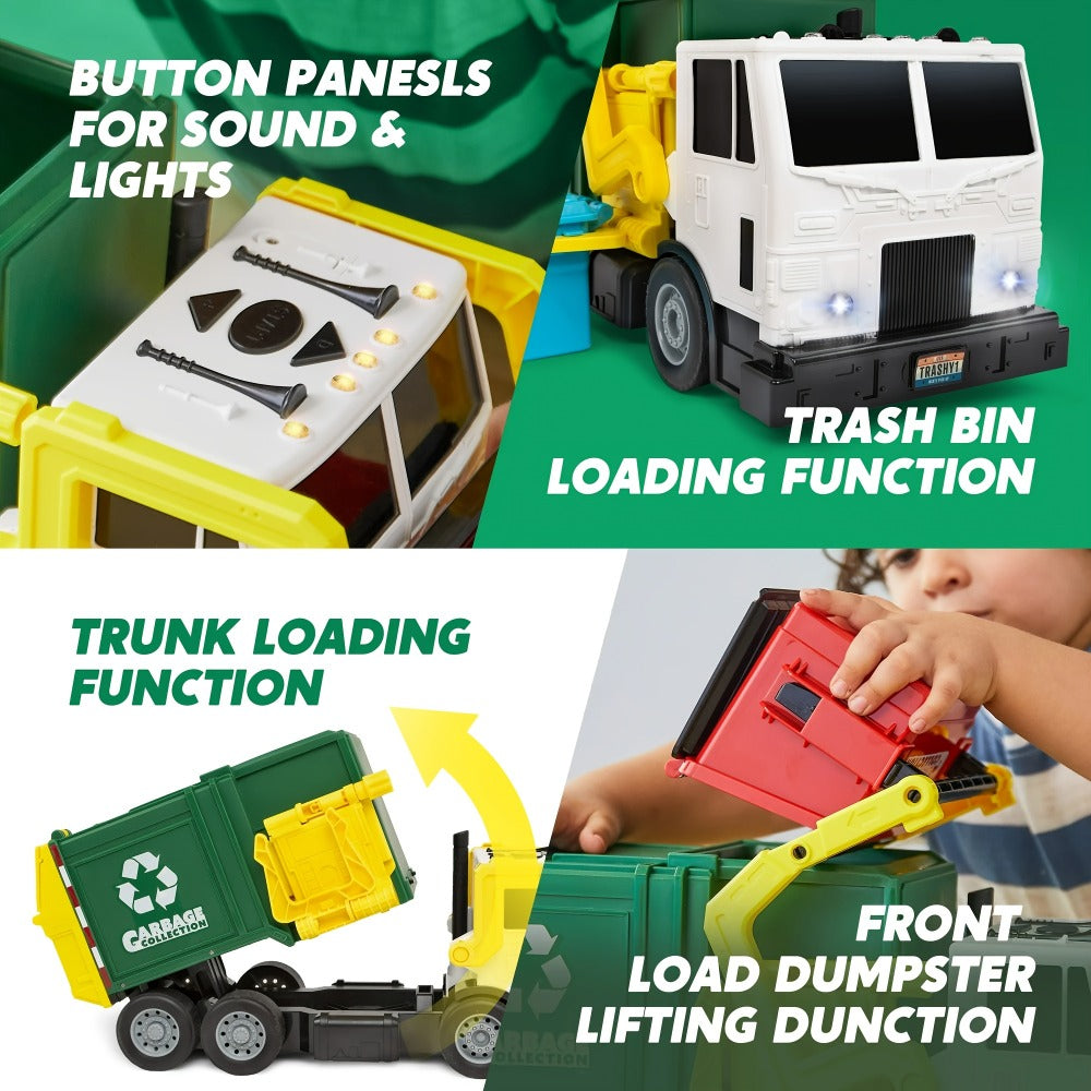 Garbage Truck Toy Set 16-Inch Large Friction-Powered with Lights & Sounds, Color-Coded Trash Bins, Garbage Sorting Learning Cards – Educational Gift for Boys & Girls Ages 3+