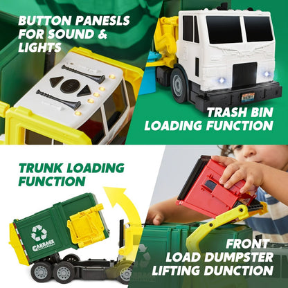 Garbage Truck Toy Set 16-Inch Large Friction-Powered with Lights & Sounds, Color-Coded Trash Bins, Garbage Sorting Learning Cards – Educational Gift for Boys & Girls Ages 3+