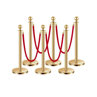 Stanchion Posts with Red Velvet Rope Set - Gold Crowd Control Barrier, 201 Stainless Steel Queue Poles with Sand-Fillable Base & 4-Way Connectors, for Wedding Event Party Museum Hotel, 4/6/8 Pcs