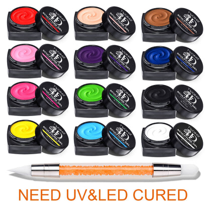 Nail Sculpting Gel Kit 3D 4D 12 Colors with Carving Pen — Firm Non-Sticky Soak-Off Sculpture Gel for Flowers, Leaves, Geometric Designs & Nail Extensions | UV LED DIY & Salon Nail Art for Women
