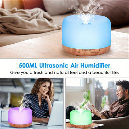 Large Room Essential Oil Diffuser 16.91oz – Timer, 7 Ambient LED Lights, No Water Auto-Off, Wood Grain Design for Home & Office