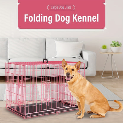 Dog Crate Double Door Folding Metal Cage with Divider & Leak-Proof Tray – 42 & 48 Inch Wire Kennel for Puppies, Medium & Large Dogs, Portable Indoor Outdoor Pet Crate, 3 Colors