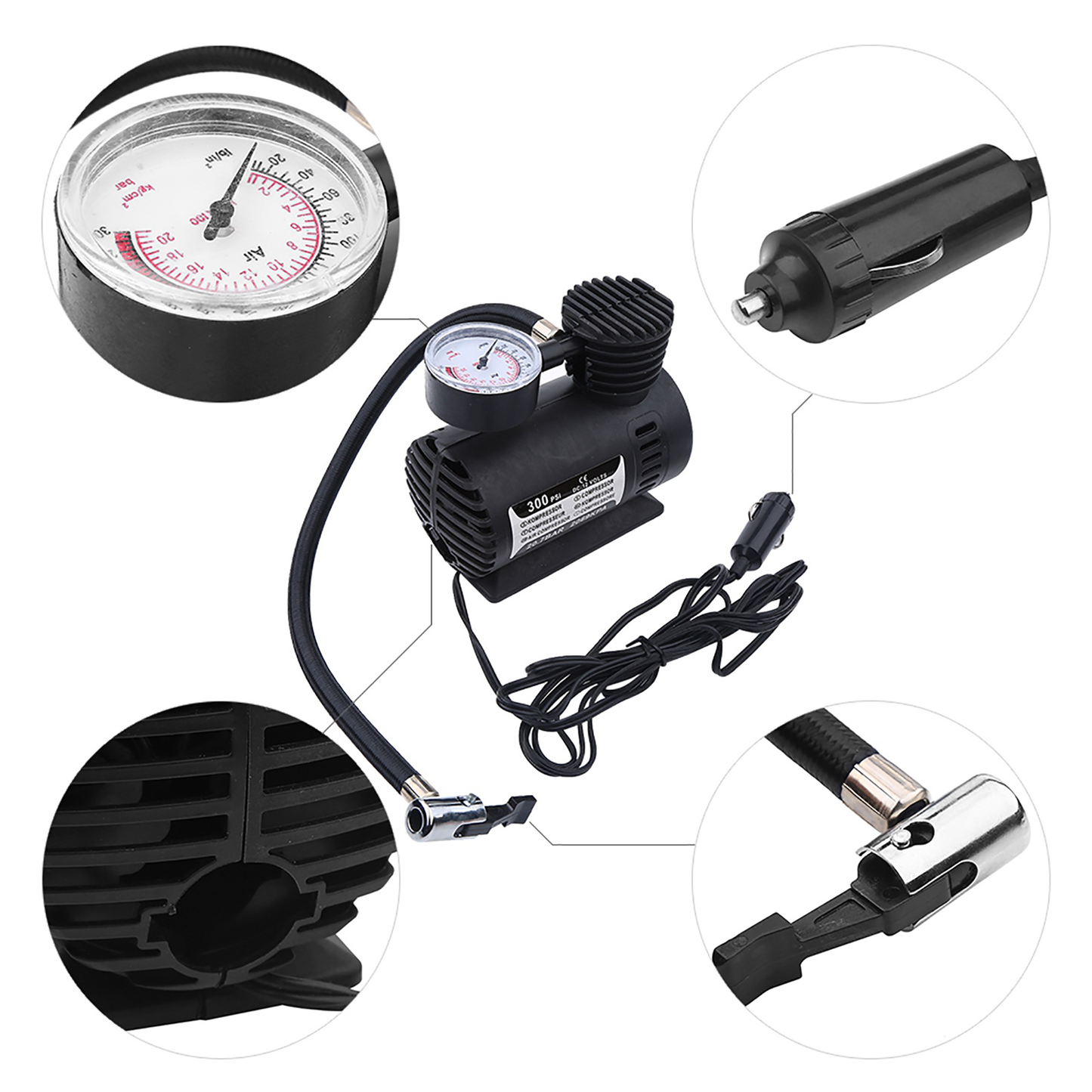 Portable Mini Air Compressor 12V 300PSI – Multi-Use Inflator Pump for Car Tires, Bikes, Balls & Inflatables – Compact Electric Tire Inflator for Home, Camping & Emergency Use