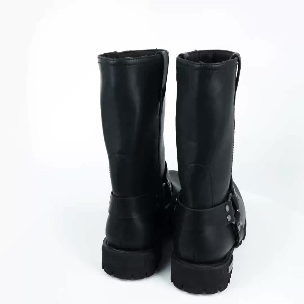 Men's Motorcycle Boots 11" Harness – PU Leather Non-Slip Square Toe Mid-Calf Biker Boots, Abrasion Resistant All-Season Riding Boots, Sizes US 8 to US 14, Black
