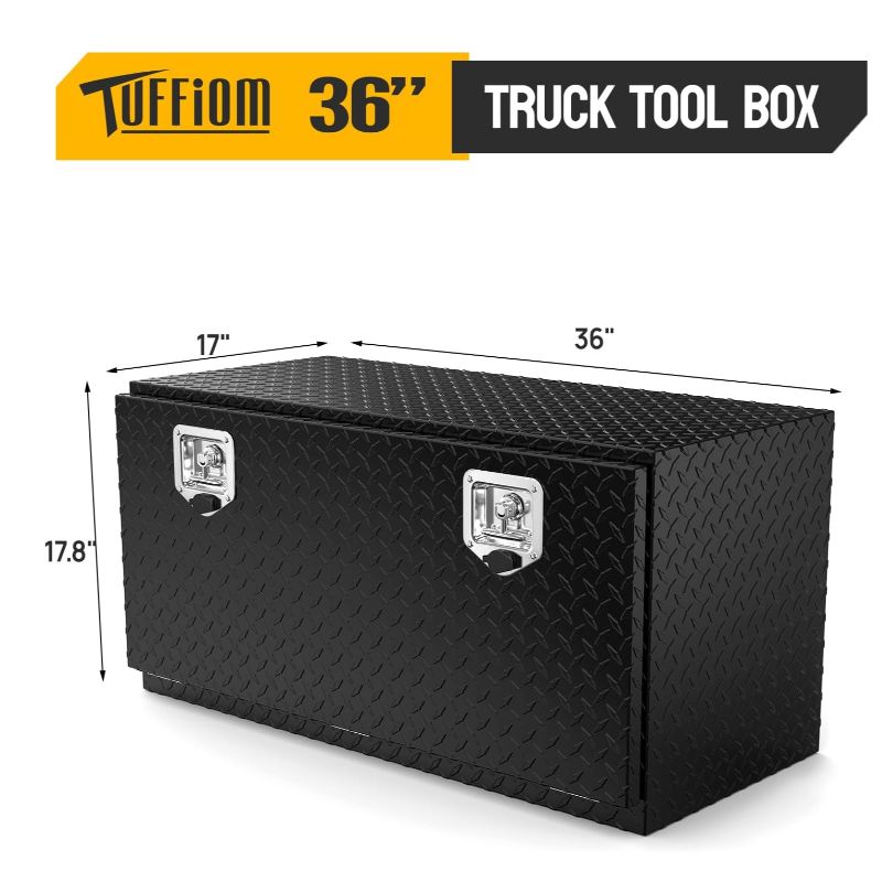 Aluminum truck toolbox with T-shaped handle lock and key, made of aluminum alloy, suitable for storage and organization of trailers, pickups, truck beds, four-wheel drive vehicles, all-terrain vehicles and campers. Black version.