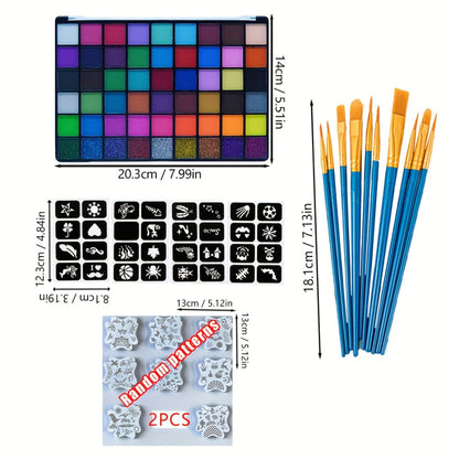 54 Color Face & Body Paint Kit with UV Fluorescent, Matte & Glitter Shades — Pattern Templates, Brushes & Tattoo Stickers for Sports, Cheerleading, Halloween, Festivals & Parties