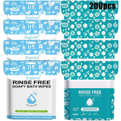 Disposable No-Rinse Foaming Bath Towels - Large 11.81" Body Wipes, Wet & Wipe Cleansing Cloths for Elderly Care, Camping, Post-Surgery, Fitness & Travel, Bulk 50/100/200 Pack, No Shower Needed