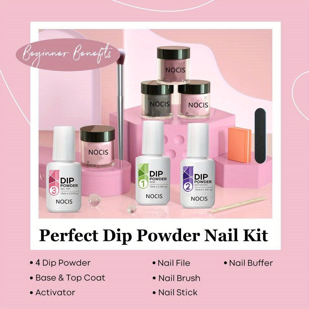 11-Piece Dip Powder Nail Kit Nude Grey Pink — 4 Colors Complete Dipping Set with Base Coat Activator Top Coat Nail Tools No Lamp French Manicure Gift for Women