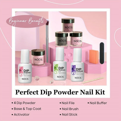 11-Piece Dip Powder Nail Kit Nude Grey Pink — 4 Colors Complete Dipping Set with Base Coat Activator Top Coat Nail Tools No Lamp French Manicure Gift for Women
