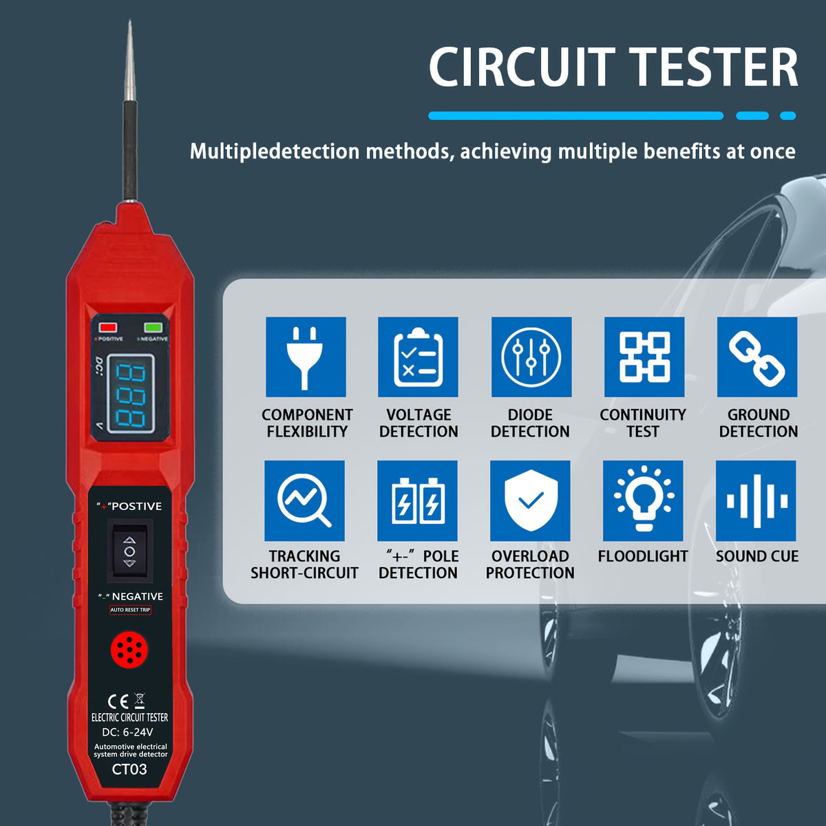 Universal Automotive Circuit Tester Kit with 6-24V Voltage Display LED & Buzzer Alert for Cars & Motorcycle