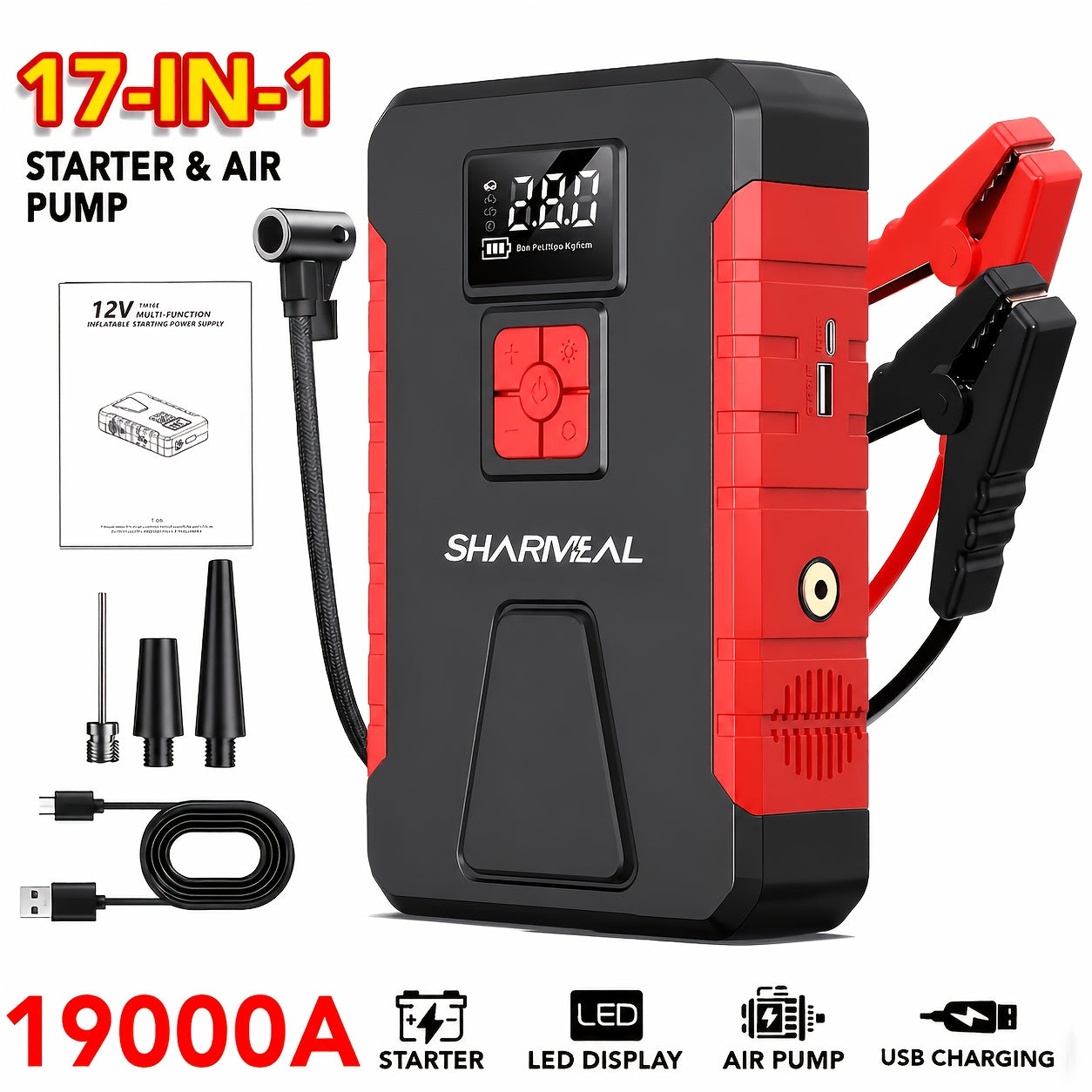 [Portable Jump Starter] 15000A-19000A Peak 350PSI 12V 17-in-1 Portable Jump Starter with Air Compressor Jump Starter, Car Battery Charger, Car Jump Starter with Air Compressor, Jump Starter Para, Car Accessories Tools, LED Light, Battery Charger, Cart Bat