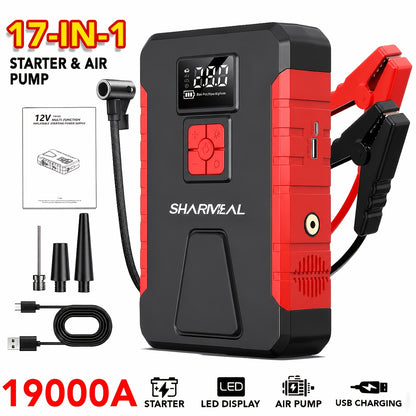 [Portable Jump Starter] 15000A-19000A Peak 350PSI 12V 17-in-1 Portable Jump Starter with Air Compressor Jump Starter, Car Battery Charger, Car Jump Starter with Air Compressor, Jump Starter Para, Car Accessories Tools, LED Light, Battery Charger, Cart Bat