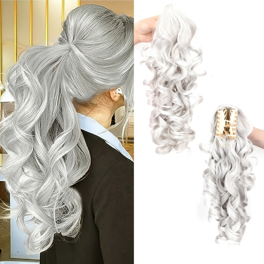 Scroll Curl Claw Clip Ponytail Extension Gradient Color 16 Inch | Synthetic Heat Resistant Hairpiece 5 Colors Linen Brown Golden Grey for Women Daily Wear & Special Occasions