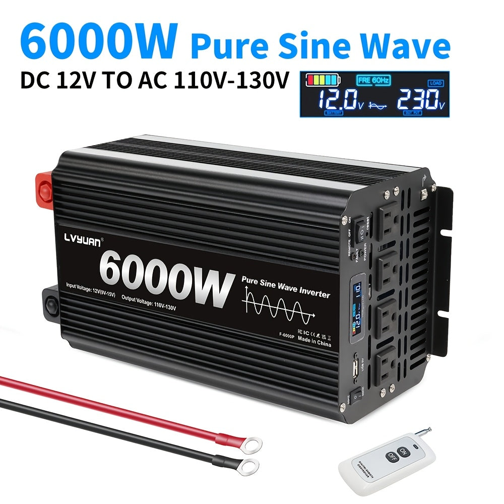 LVYUAN 6000W Pure Sine Wave Power Inverter, 1000W/2000W Pure Sine Wave Inverter, 12V to 110V AC Power Inverter with 2 US Sockets, Dual USB Ports (3.1A), for Car, Home, RV, Gift