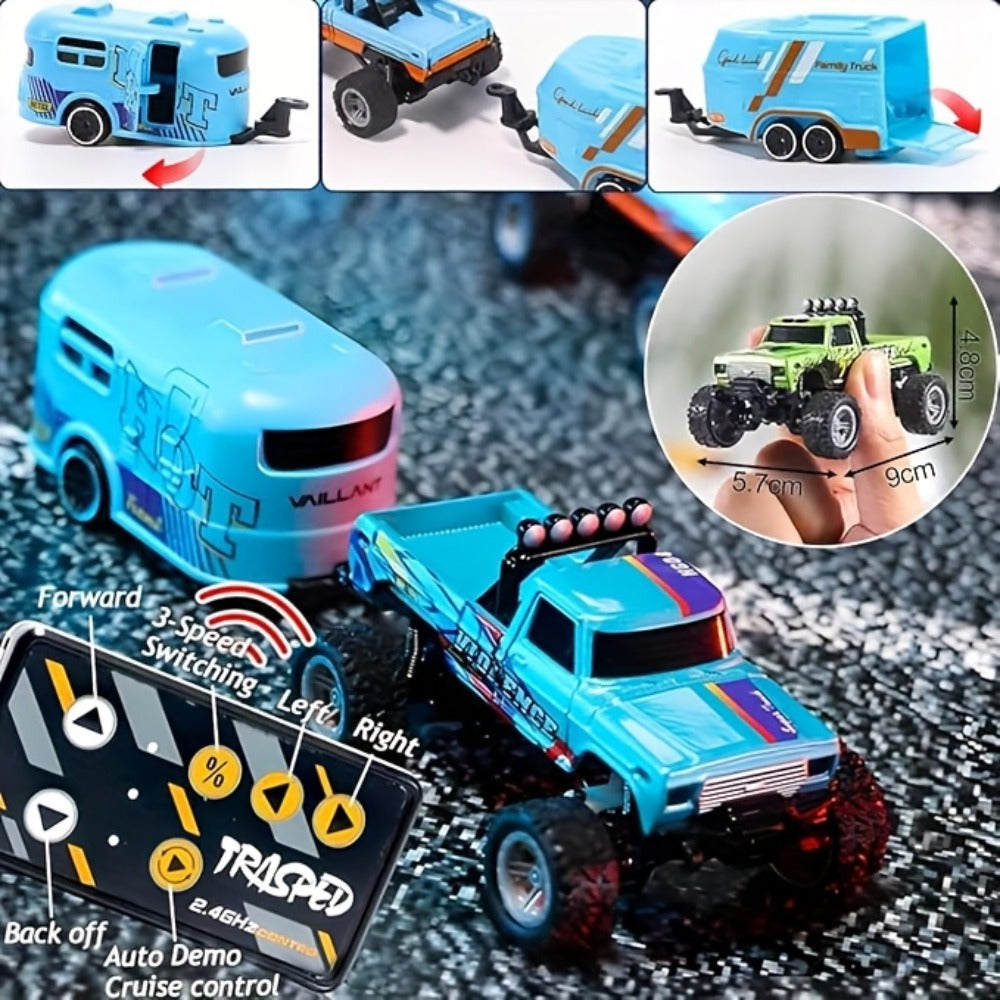 Mini RC Truck Toy 1:64 Scale 2.4GHz Off-Road Alloy Crawler with Detachable Trailer Body Lights & LED Headlights – Collectible Remote Control Truck Model Gift for Boys Girls Adults Blue Green Red