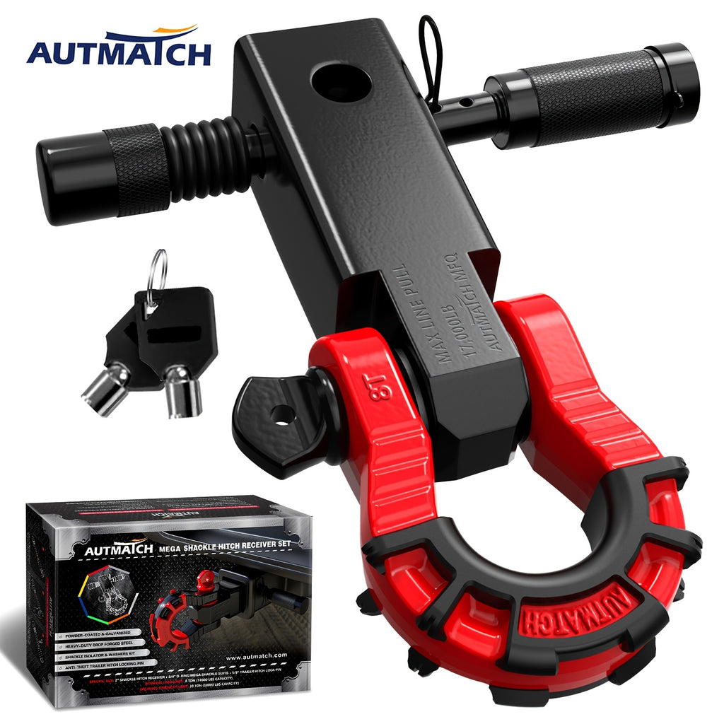 AUTMATCH 2-Inch Shackle Hitch Receiver Featuring a 3/4" Mega D Ring Shackle And a 5/8" Trailer Hitch Lock Pin, Designed for Heavy-Duty Vehicle Recovery with a Break Strength of 68, 000 Lbs